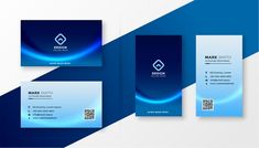 three business cards, one with a blue and white swirl design on the front and back