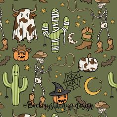 an image of halloween themed items on a green background