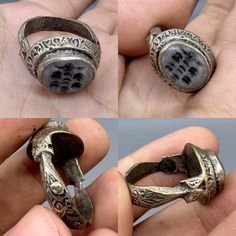 two pictures of an old ring being held in someone's hand with the other side open