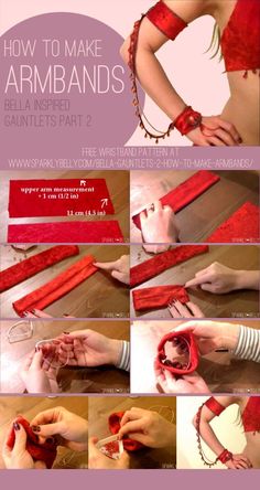 how to make armbands with red satin ribbon and beads - step by step instructions