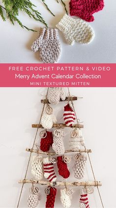 a crocheted christmas tree with mittens hanging from it and the text overlay reads free crochet pattern & video merry advent calendar collection