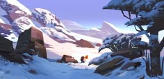 a digital painting of a snowy mountain landscape