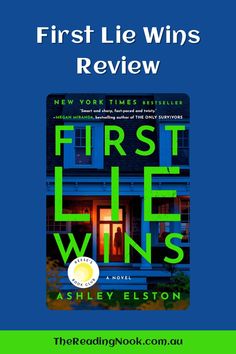 the first lie wins book is in front of a blue background and green lettering that reads first