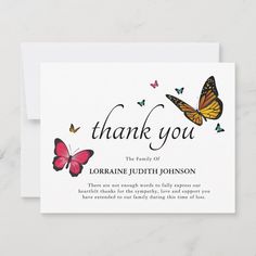 a thank card with butterflies on it