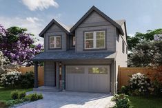 a rendering of a two story house with garages and lots of flowers in the front yard