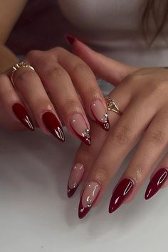 Cherry Wine Nails, Burgundy Nail Designs, Paznokcie Hello Kitty, Deep Red Nails, Red And Gold Nails, Kutek Disney, Dark Red Nails, Wine Nails, Red Acrylic Nails