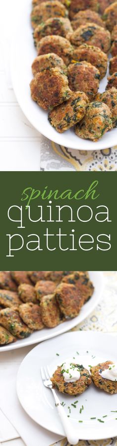 spinach and quinoa patties on white plates with green text overlay