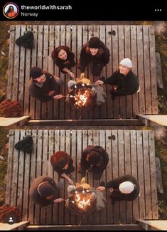 four people sitting around a fire pit in the middle of two pictures, one is looking down