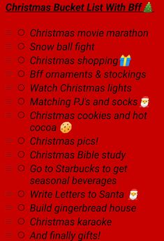 the christmas bucket list is displayed on a red background