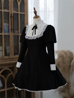 Size 			S 			M 			L 			XL 		 		 			Bust 			86 			90 			94 			96 		 		 			Waist 			68 			72 			76 			80 		 		 			Full Length 			88 			88 			90 			90 		 		 			Shoulders 			34 			35 			36 			36 Spooky Outfits Aesthetic, Black Dress White Collar, Nun Outfit, Nun Costume, Internet Girl, Beauty Dress, Hair Clothes, Goth Outfits, Black Ruffle