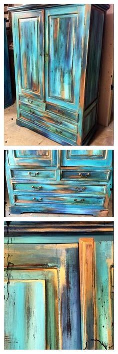 an old dresser has been painted blue and yellow with some paint on it's doors