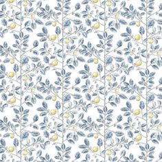 a blue and white wallpaper with leaves and lemons on the branches, all in different colors