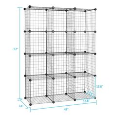 the wire shelving unit has six shelves and four bins, each with different compartments