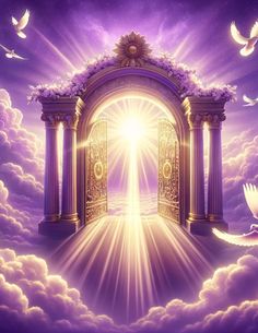 an open door to heaven with doves flying in the sky and clouds surrounding it