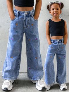 Young Girl Washed Denim Wide Leg Jeans With Colorful Heart Embroidery Medium Wash    Denim  Wide Leg Non-Stretch  Young Girls Clothing, size features are:Bust: ,Length: ,Sleeve Length: Denim Wide Leg, Bow Shorts, Heart Embroidery, Slim Fit Top, Elegant Dresses Long, Dark Jeans, Girls Denim, Washed Denim, Boho Casual