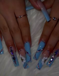 Blue Acrylic Nails Bling, Light Blue Bling Nails, Bling Nails Ideas, Nails Turtle, Acrylic Nails Bling, Blue Bling Nails, Turtle Nail Art