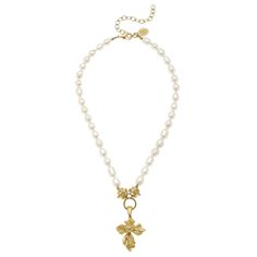 Gold Cross on Genuine Freshwater Pearl Necklace 16 inches with a 3 inch Extender Chain Handcast 24Kt Gold Plated Handmade in San Antonio, TX Gold Cross Necklace Pearls, Vintage Cross Necklace, Susan Shaw, Pearl Rope, Dainty Chain Necklace, Fan Necklace, Pearl Necklace Vintage, Pearl Chain Necklace, Gold Link Bracelet