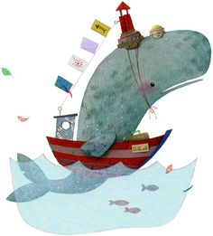 a drawing of a whale with a little boy on it's back in a boat