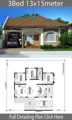 two story house plan with 3 beds and 1 5 meters from the front, in three different