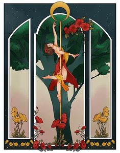 a painting of a woman hanging on to a pole in front of a tree with red flowers