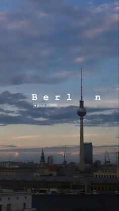 the berlin skyline at sunset with text overlaying it's top and bottom