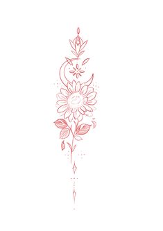 a drawing of a flower with leaves on it's side and an arrow in the middle