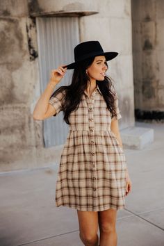 The Noel | Taupe Plaid Dress - Bates Sisters Boutique Bates Sisters Boutique, 50th Clothing, Checkered Dress, Fall Color, Taupe Color, Plus Dresses, Plaid Dress, Black Flats, Knee Length Dress