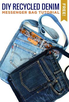 an old pair of jeans is being used to make a messenger bag with a removable denim strap