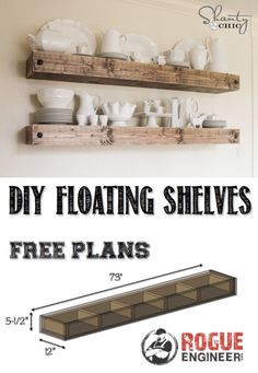 some shelves that have plates and cups on them with the words diy floating shelves free plans