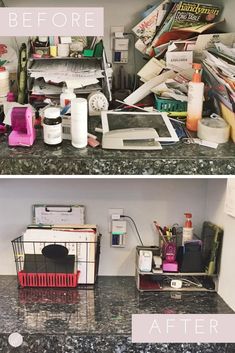 before and after photos of a cluttered kitchen counter