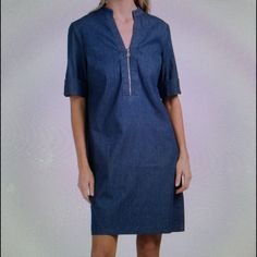 Denim Steffi Zip Stretch Dress V-neck Denim Dresses For Work, Blue V-neck Denim Dress For Work, Spring Workwear V-neck Denim Dress, Spring V-neck Denim Dress For Work, Hunter Green Dresses, Lbd Dress, Black And Silver Dress, Anne Klein Dress, Linen Shift Dress