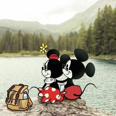 two mickey and minnie mouses sitting on rocks near water with mountains in the background