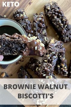 chocolate brownie walnut biscotti's on a cutting board with text overlay