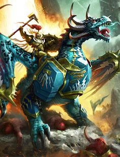 a blue dragon riding on top of a horse next to a giant red demon in the sky