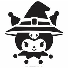 a black and white image of a cat wearing a witches hat with skulls on it