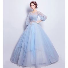 Silhouette:Ball Gown; Hemline / Train:Floor Length; Closure:Lace Up; Built-In Bra:Yes; Embellishment:Pleats,Appliques; Fabric:Tulle; Sleeve Length:3/4 Length Sleeve; Tips:Professional dry cleaner only,Colors may vary slightly due to different monitor settings; Boning:Yes; Style:Elegant,Floral,Puffy; Occasion:Engagement,Quinceanera; Neckline:Illusion Neck; Brand:Lightinthebox; Front page:Prom Dresses; Listing Date:01/27/2021; Bust:; Hips:null; Waist: Gaun Abad Pertengahan, Prom Dresses Elegant, Princess Prom Dresses, Blue Ball Gowns, Dress With Flowers, Gaun Fashion, 파티 드레스, Blue Tulle, 16 Dresses