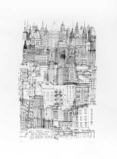 a black and white drawing of buildings in new york