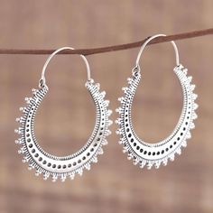 Designed by India's Neetu Barathi, these earrings radiate good taste. The sterling silver hoop earrings are crafted by hand to feature patterns of tiny holes and ridges, with oxidation adding depth to the designs. Traditional Indian rawa work (silver granules) defines the edges of the pretty hoops. Turquoise Hoop Earrings, Mens Silver Rings, Large Hoop Earrings, Sterling Silver Hoop Earrings, Indian Style, Sterling Silver Cuff, Sterling Silver Hoops, Silver Cuff Bracelet, Pretty Jewellery