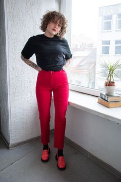 Vintage 80's red stretchy high waisted jeans with pockets and loops for a belt. UK size written 8, but looks flexible. Model size on the photo is 10. Measurements: length 39 inches, sleeve 27 inches, chest 35 inches. Fabric is stretchy. Red Fitted High-waisted Jeans, Red Straight Leg Jeans For Work, Retro Fitted Red Jeans, Retro High Waist Red Jeans, Red High-rise Bottoms For Work, Red High Rise Bottoms For Work, High Rise Red Bottoms For Work, Red High Waist Jeans For Work, High Waist Red Jeans For Work