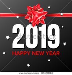 happy new year greeting card with red ribbon and bow on black background for the holiday season