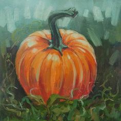 an oil painting of a pumpkin in the grass