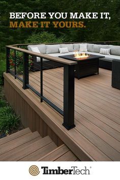 a fire pit sitting on top of a wooden deck