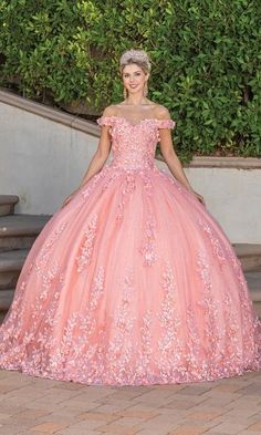 Coral pink a-line quinceanera ball gown with sweetheart neckline and off the shoulder straps. Quince Dress, Quinceanera Dress, Prom Girl, Dancing Queen, Quinceanera Dresses, Dresses Strapless, Coral Pink, Prom Dresses Long, Quince