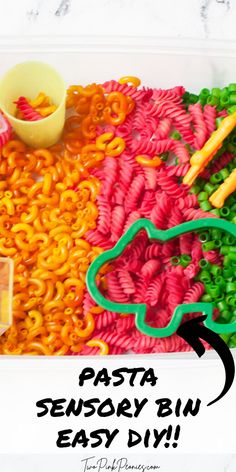 Text that says pasta sensory bin easy diy!! Above is a photo of pasta sensory bin with scoops and toys in it. Pasta Sensory Bin, Dye Pasta, Dyed Pasta, Fun For Toddlers, Colored Pasta, Sensory Boxes, Easy No Bake