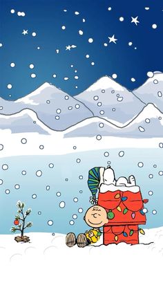 a charlie brown christmas card with snow falling