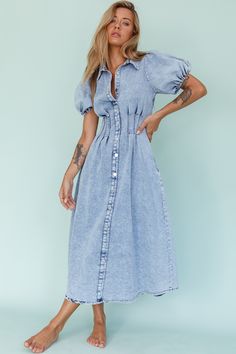 Shop the Zurich Pleated Waist Midi Dress Denim Blue | Selfie Leslie Midi Denim, Denim Midi Dress, Dress Denim, Long Sleeve Kids, Button Front Dress, Iron Material, Clothing Tags, Button Dress, Blue Midi Dress