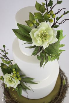 a three tiered white cake with green leaves and flowers