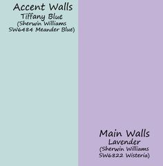 the front and back side of a blue and purple wallpaper with words accent walls tiffany blue sherylin williams sweet & meander blue