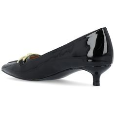 Meet the Rumi heel by Journee Collection - the perfect blend of sleek, chic, and timeless design. These gorgeous slip-on heels feature a pointed-toe silhouette made from glossy patent vegan leather, with beautiful hardware detailing to add an extra touch of luxury. With a low kitten heel, padded insole, and wide-width footbed, the Rumi offers a comfortable fit that will keep you looking and feeling great all day long. Orange Pumps, Fashion Shoes Heels, Sleek Chic, White Pumps, Comfortable Heels, Shoes Heels Pumps, Leather Shoes Woman, Journee Collection, Heeled Loafers