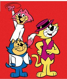 three cartoon cats standing next to each other on a red background and one cat has his arm up in the air